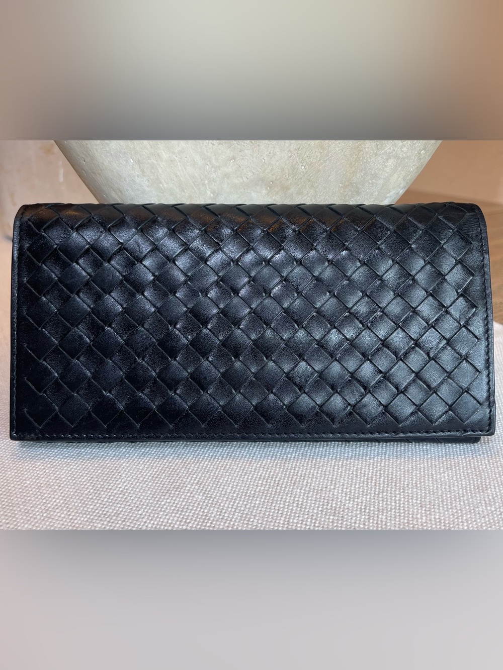 EUC BOTTEGA VENETA INTRECCIATO CONTINENTAL LAMBSKIN LEATHER WALLET BLACK ITALY